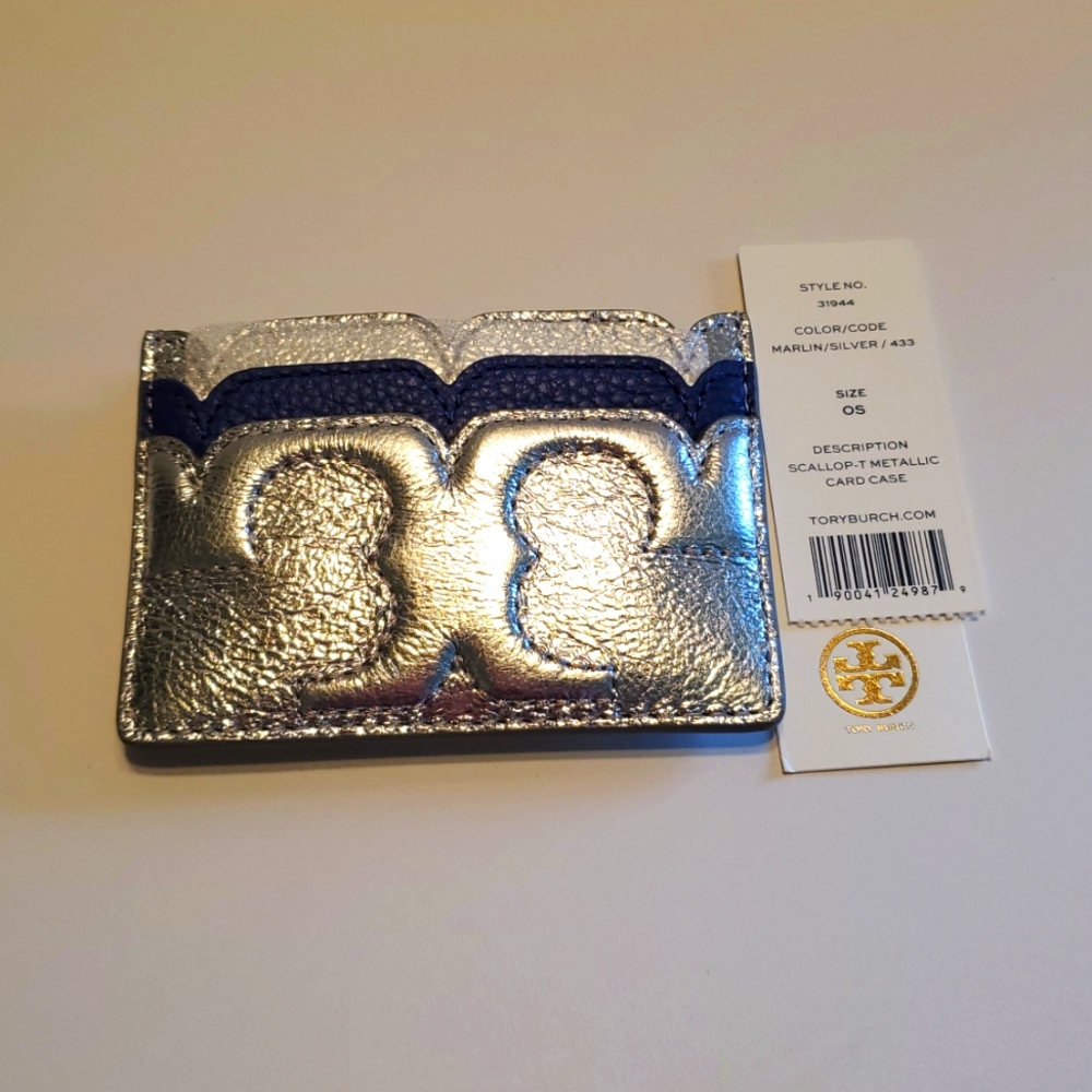 New Tory Burch Silver Metallic Leather Card Holder